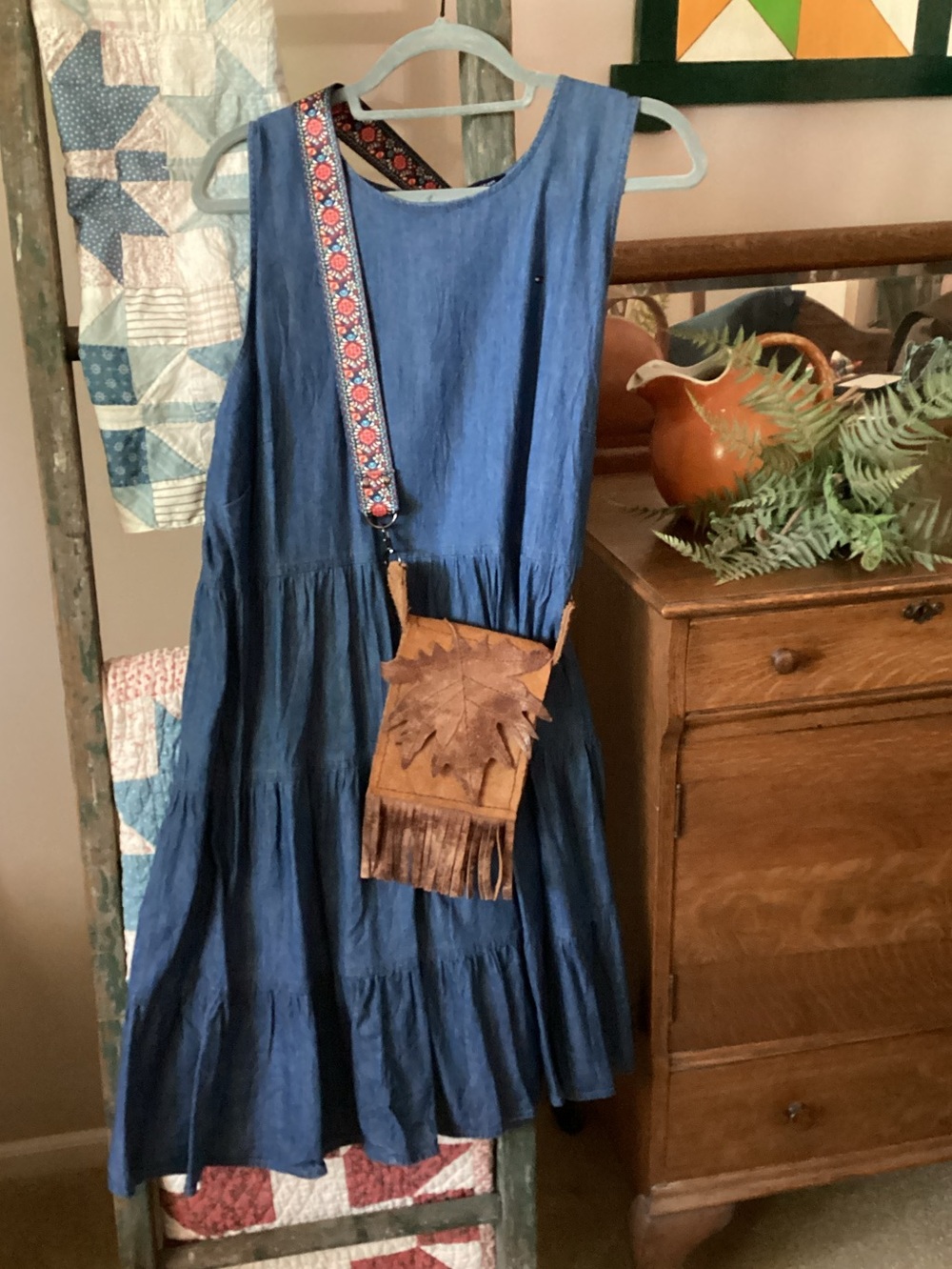 Boho Leather Fringe Crossbody with Leaf Applique - Brown - Picture 9 of 9
